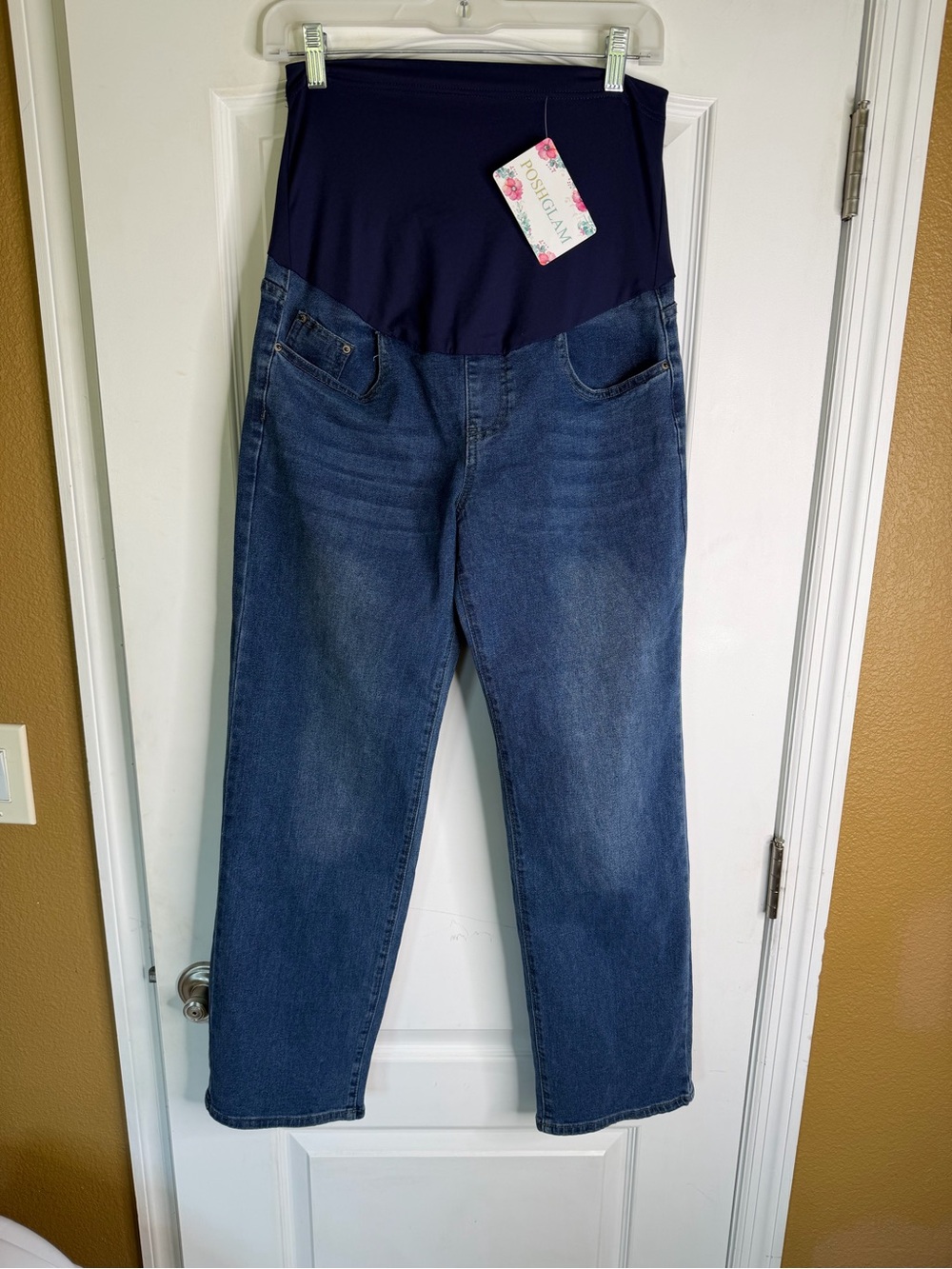 NWT POSHGLAM Maternity Dark Blue Over-Belly Denim Jeans. Size M